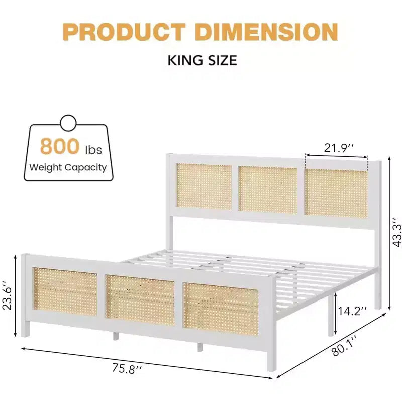 Cadre de lit king size Coolmee en rotin avec tête de lit, plateforme de lit bohème en canne avec sommier en métal robuste, sans bruit, pas besoin de sommier tapissier