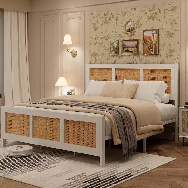 Cadre de lit king size Coolmee en rotin avec tête de lit, plateforme de lit bohème en canne avec sommier en métal robuste, sans bruit, pas besoin de sommier tapissier