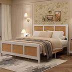Cadre de lit king size Coolmee en rotin avec tête de lit, plateforme de lit bohème en canne avec sommier en métal robuste, sans bruit, pas besoin de sommier tapissier