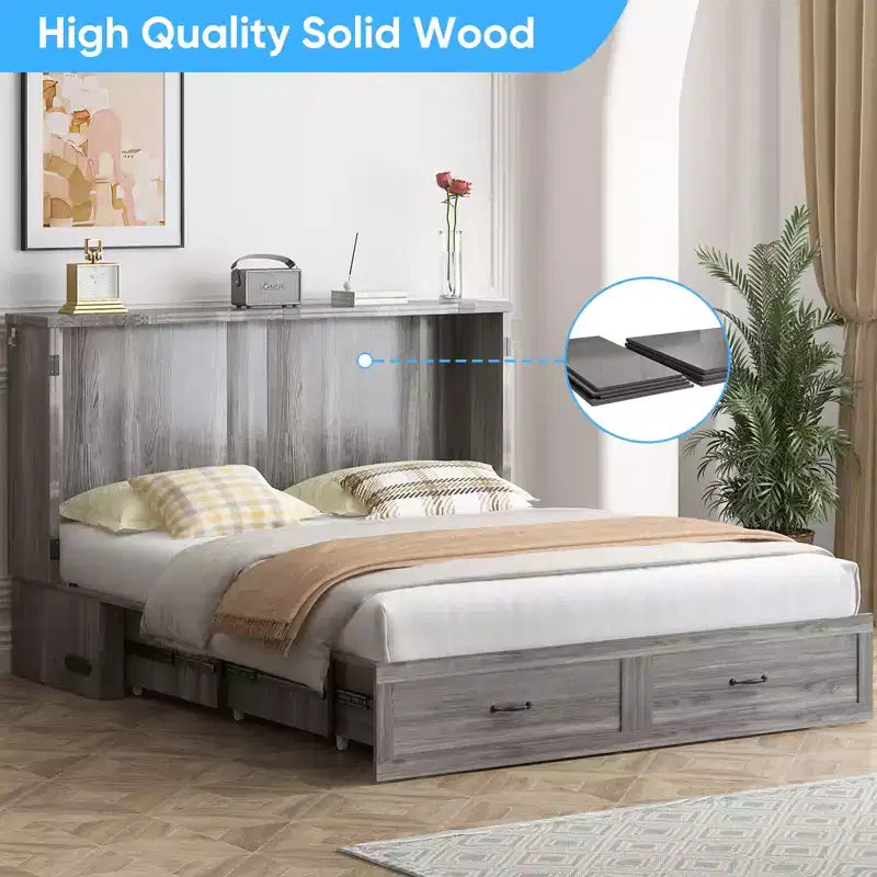 Lit escamotable moderne Queen Size Mjkone avec ports USB, tiroirs et matelas de 12 cm