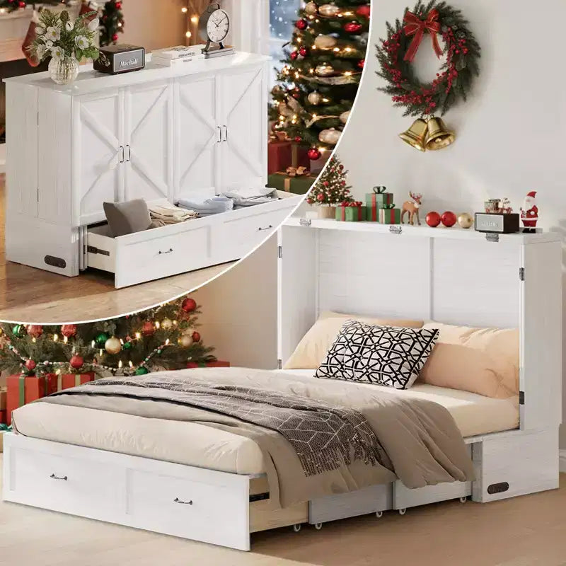Lit escamotable moderne Queen Size Mjkone avec ports USB, tiroirs et matelas de 12 cm