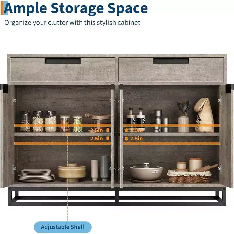 COZONY 55 Buffet enfilade, Grand meuble de rangement de cuisine avec 2 tiroirs et 4 portes, Table de bar à café pour salle à manger