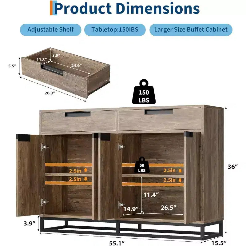 COZONY 55 Buffet enfilade, Grand meuble de rangement de cuisine avec 2 tiroirs et 4 portes, Table de bar à café pour salle à manger