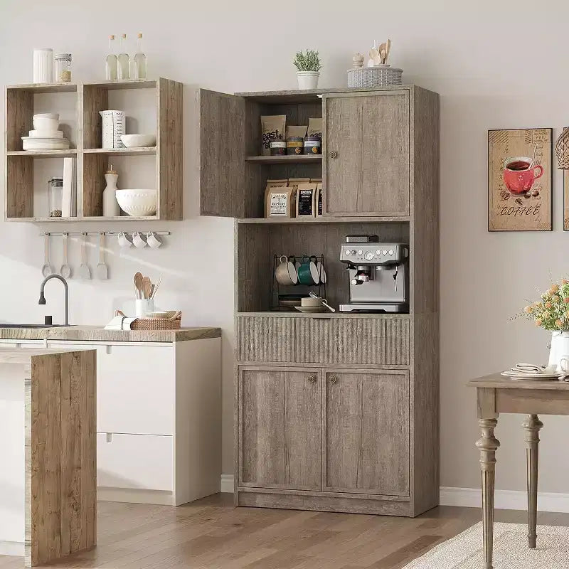 Meuble de rangement 70" cannelé avec comptoir, portes et tiroir pour cuisine et salle à manger