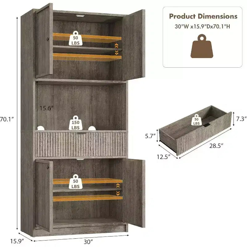 Meuble de rangement 70" cannelé avec comptoir, portes et tiroir pour cuisine et salle à manger