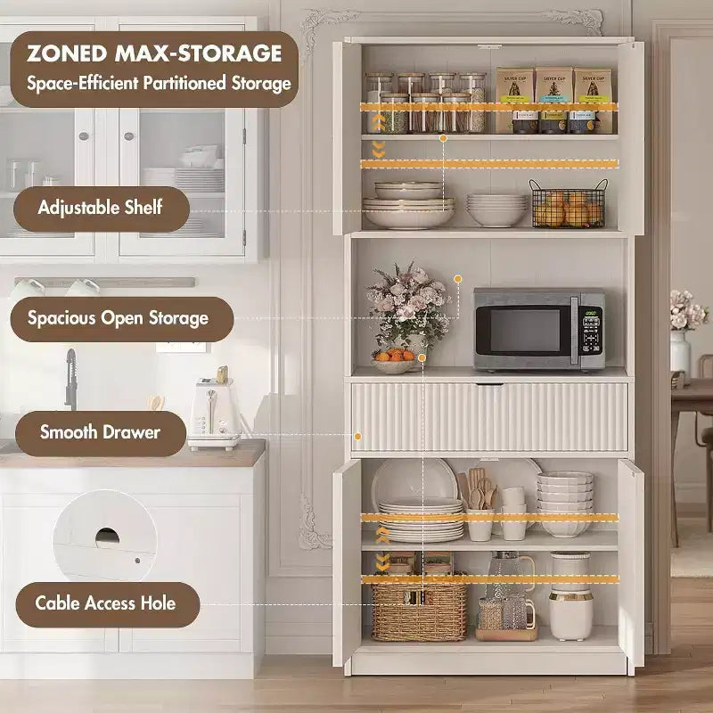 Meuble de rangement 70" cannelé avec comptoir, portes et tiroir pour cuisine et salle à manger