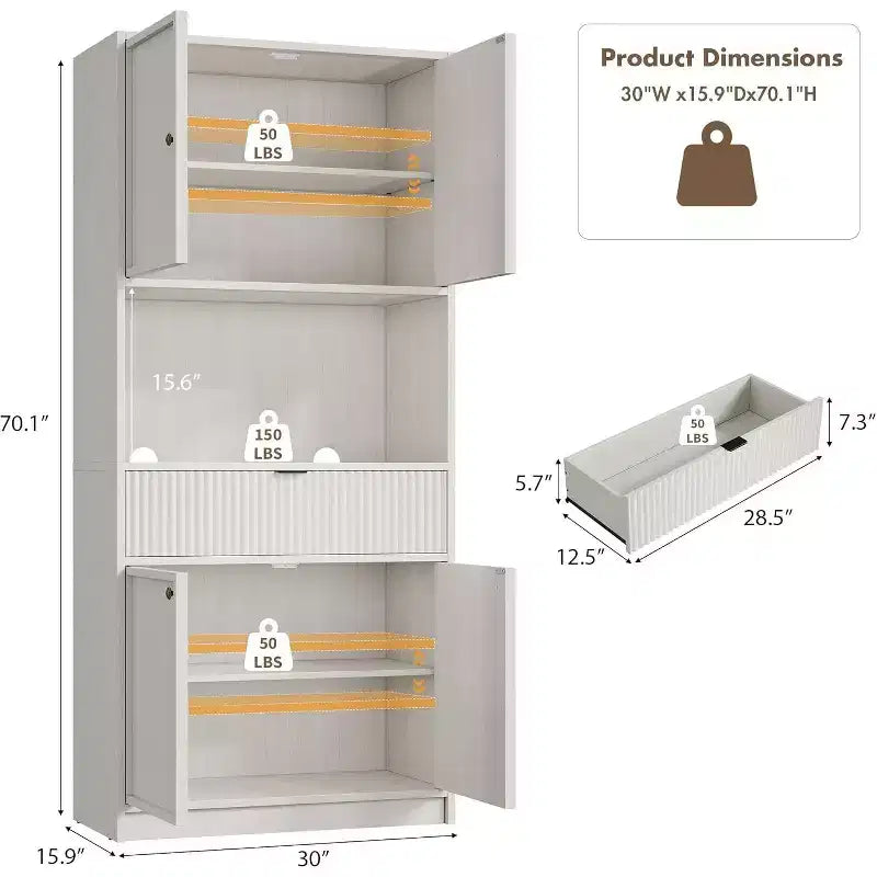 Meuble de rangement 70" cannelé avec comptoir, portes et tiroir pour cuisine et salle à manger