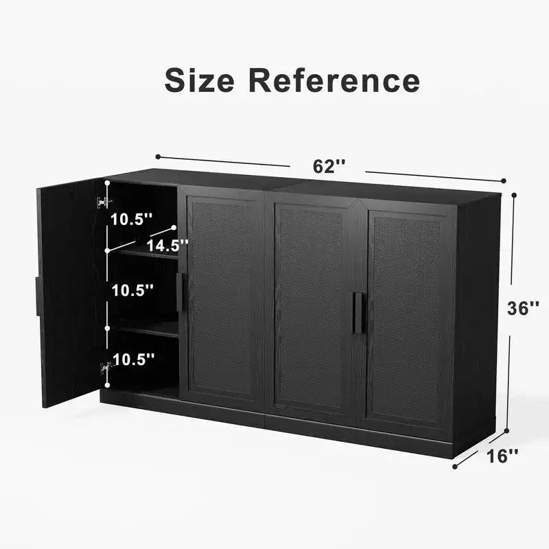 PexFix 62 L x 31 H Buffet moderne avec 4 portes en rotin, console de rangement d'appoint pour couloir, entrée, salle à manger, noir