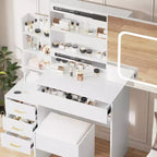 Coiffeuse avec miroir coulissant, coiffeuse avec miroir, coiffeuse avec lumière réglable 3 couleurs et 4 tiroirs, tabouret, blanc