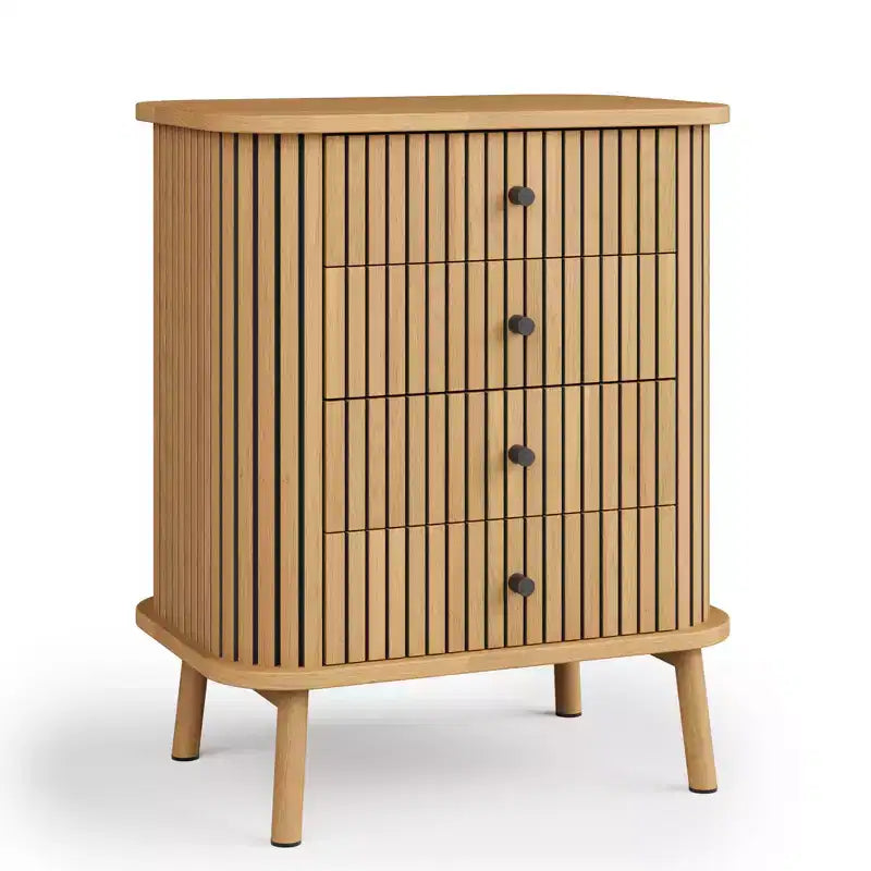 Commode à 4 tiroirs COZONY, commode bohème en osier avec poignées noir mat et pieds en bois pour chambre, salon, couloir