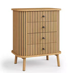 Commode à 4 tiroirs COZONY, commode bohème en osier avec poignées noir mat et pieds en bois pour chambre, salon, couloir