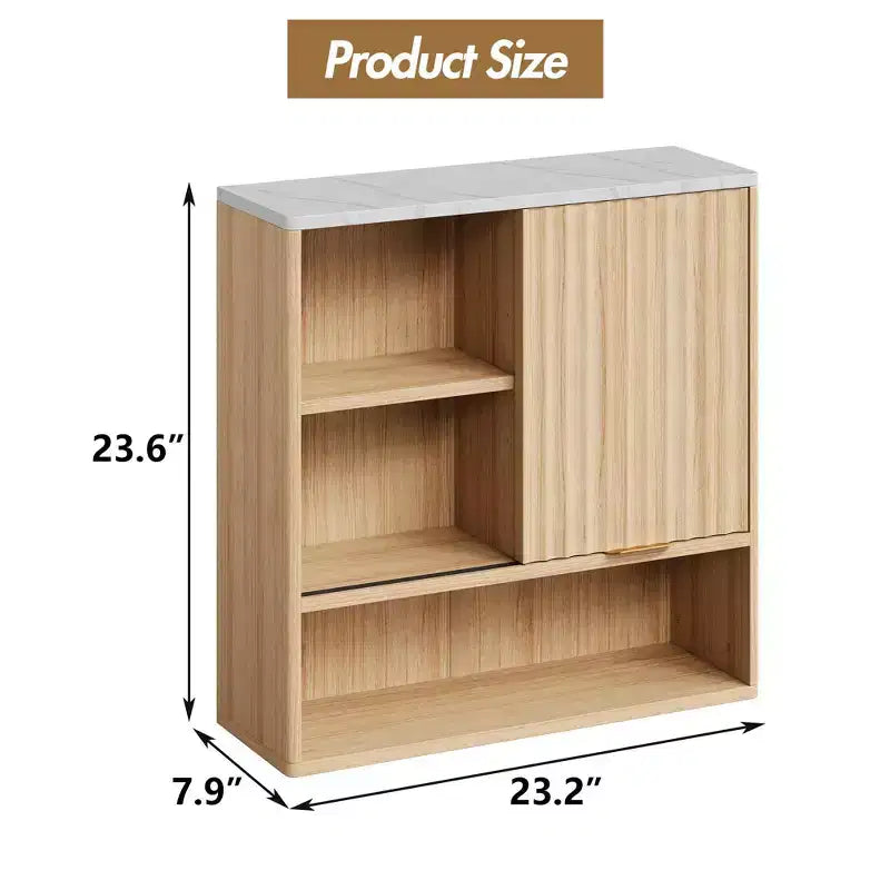 Meuble de salle de bain mural cannelé CuisinSmart avec porte coulissante, armoire à pharmacie avec plateau en faux marbre, étagère réglable et espace de rangement ouvert