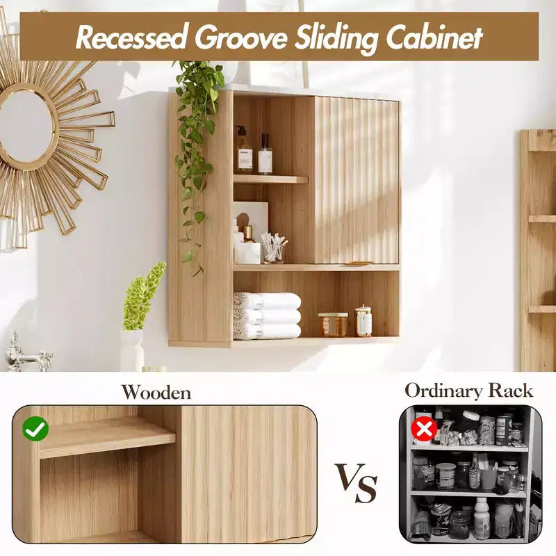 Meuble de salle de bain mural cannelé CuisinSmart avec porte coulissante, armoire à pharmacie avec plateau en faux marbre, étagère réglable et espace de rangement ouvert