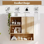 Meuble de salle de bain mural cannelé CuisinSmart avec porte coulissante, armoire à pharmacie avec plateau en faux marbre, étagère réglable et espace de rangement ouvert