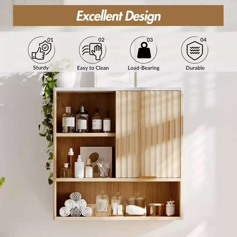 Meuble de salle de bain mural cannelé CuisinSmart avec porte coulissante, armoire à pharmacie avec plateau en faux marbre, étagère réglable et espace de rangement ouvert