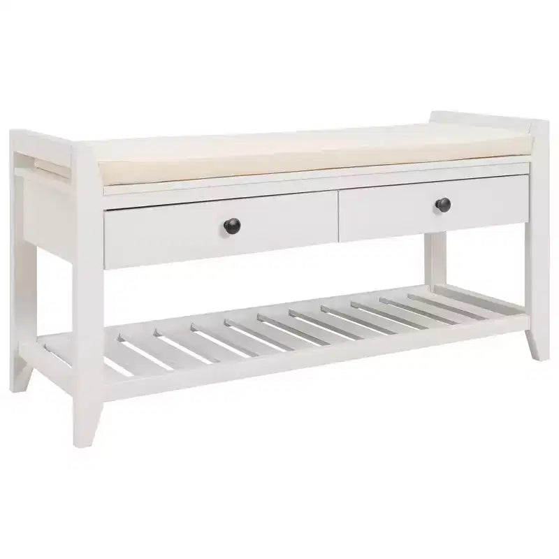 Banc de rangement de 99 cm avec 2 tiroirs et porte-chaussures ouvert, banc d'entrée avec siège rembourré