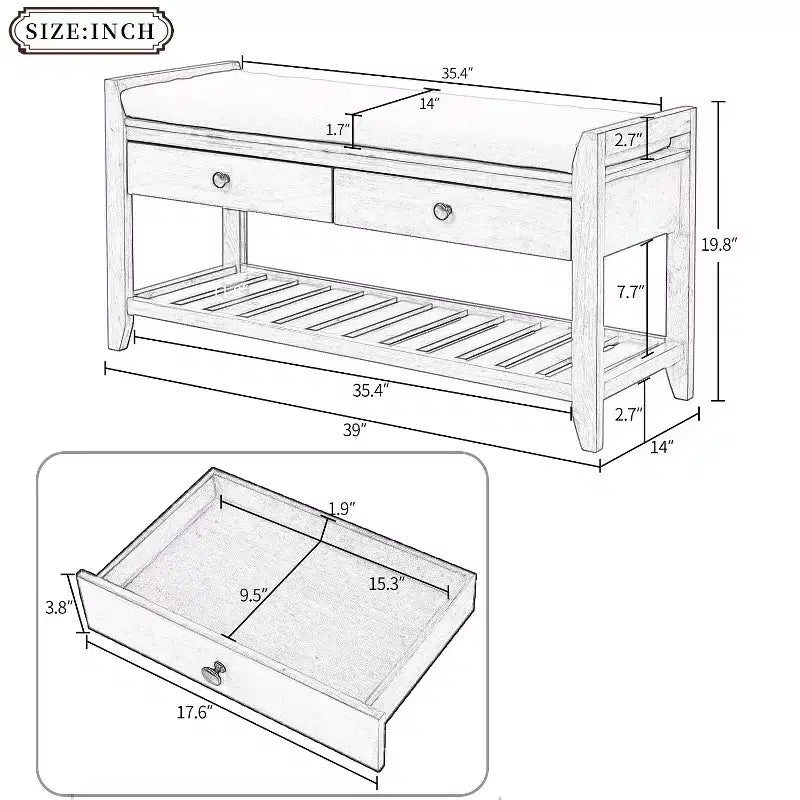 Banc de rangement de 99 cm avec 2 tiroirs et porte-chaussures ouvert, banc d'entrée avec siège rembourré