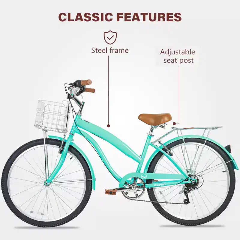 Hykolity Vélo de ville 26 pouces, 7 vitesses, pour femme, avec porte-bagages arrière, garde-boue avant et arrière en acier à haute teneur en carbone et panier