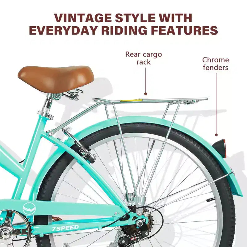 Hykolity Vélo de ville 26 pouces, 7 vitesses, pour femme, avec porte-bagages arrière, garde-boue avant et arrière en acier à haute teneur en carbone et panier