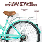 Hykolity Vélo de ville 26 pouces, 7 vitesses, pour femme, avec porte-bagages arrière, garde-boue avant et arrière en acier à haute teneur en carbone et panier