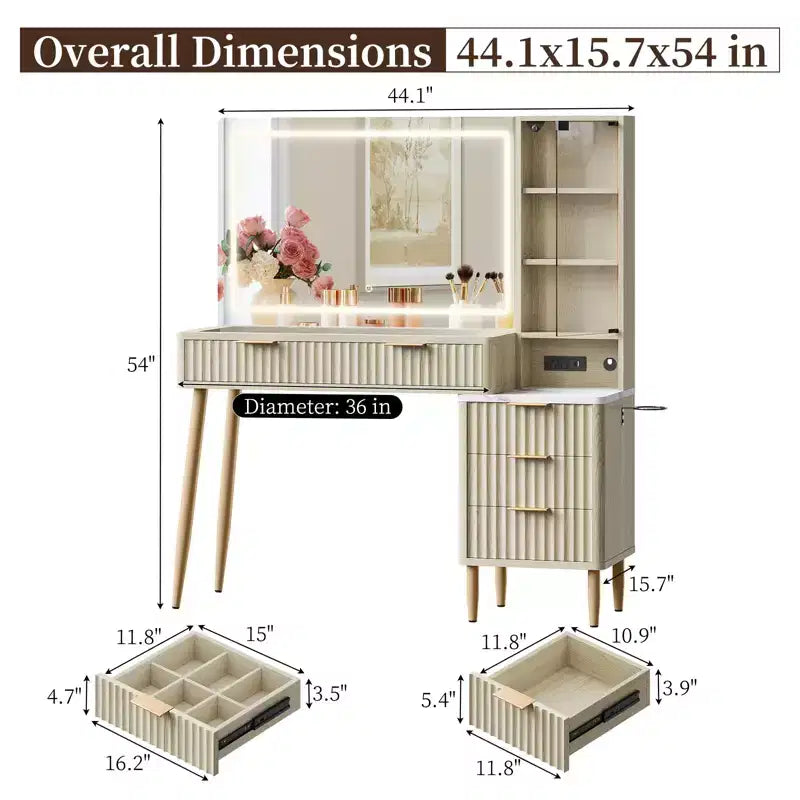 Coiffeuse avec lumières, coiffeuse en bois cannelé, coiffeuse moderne en verre, 5 tiroirs et 3 rangements, pour chambre à coucher