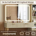 Coiffeuse avec lumières, coiffeuse en bois cannelé, coiffeuse moderne en verre, 5 tiroirs et 3 rangements, pour chambre à coucher