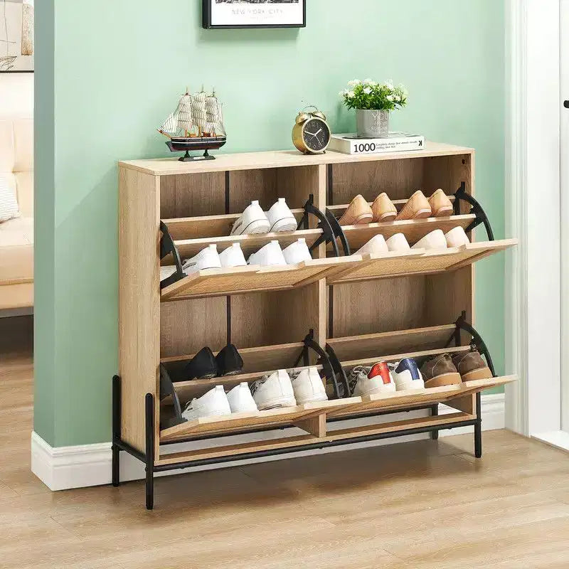 Meuble à chaussures avec 4 tiroirs - Meuble de rangement à chaussures avec panneaux cannelés et 3 niveaux de réglage