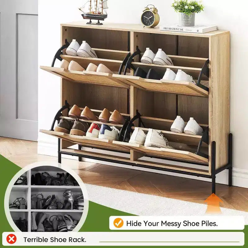 Meuble à chaussures avec 4 tiroirs - Meuble de rangement à chaussures avec panneaux cannelés et 3 niveaux de réglage