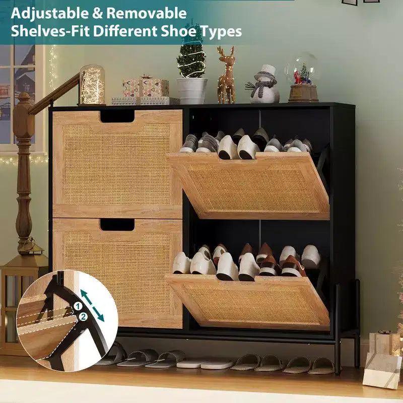 Meuble à chaussures avec 4 tiroirs - Meuble de rangement à chaussures avec panneaux cannelés et 3 niveaux de réglage