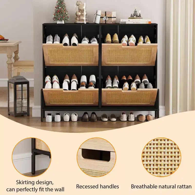 Meuble à chaussures avec 4 tiroirs - Meuble de rangement à chaussures avec panneaux cannelés et 3 niveaux de réglage