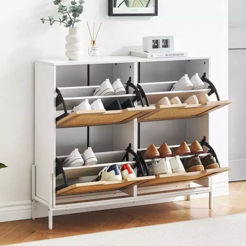 Meuble à chaussures avec 4 tiroirs - Meuble de rangement à chaussures avec panneaux cannelés et 3 niveaux de réglage