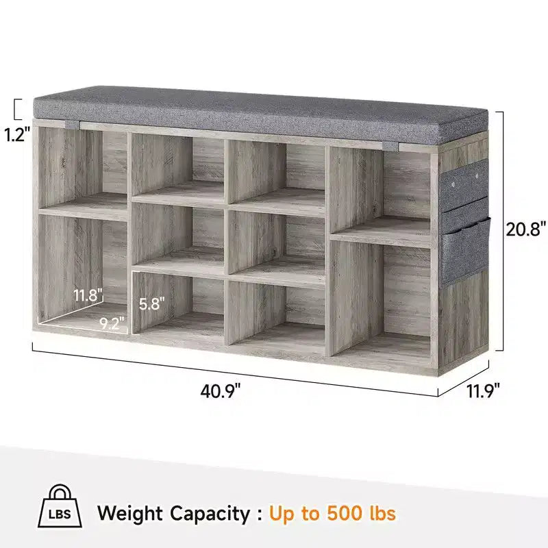 Meuble à chaussures avec coussin amovible - Organiseur de rangement à 3 niveaux avec étagères réglables
