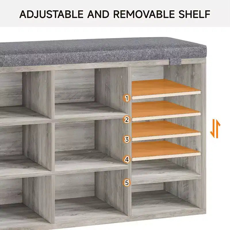 Meuble à chaussures avec coussin amovible - Organiseur de rangement à 3 niveaux avec étagères réglables