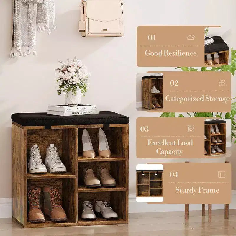 Meuble à chaussures avec coussin amovible - Organiseur de rangement à 3 niveaux avec étagères réglables