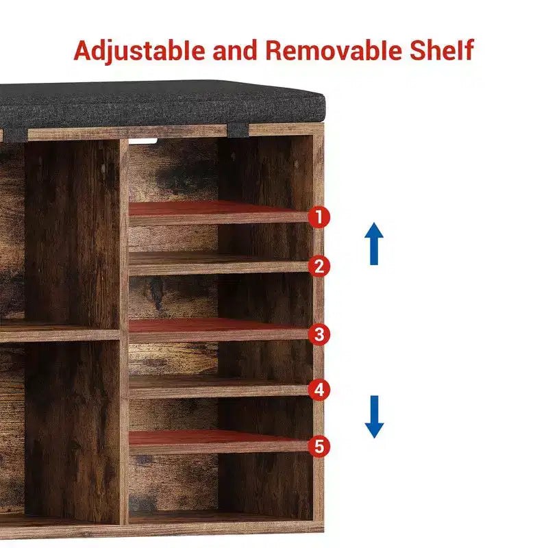 Meuble à chaussures avec coussin amovible - Organiseur de rangement à 3 niveaux avec étagères réglables