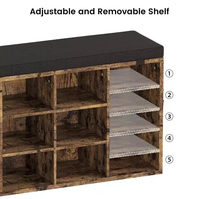 Meuble à chaussures avec coussin amovible - Organiseur de rangement à 3 niveaux avec étagères réglables