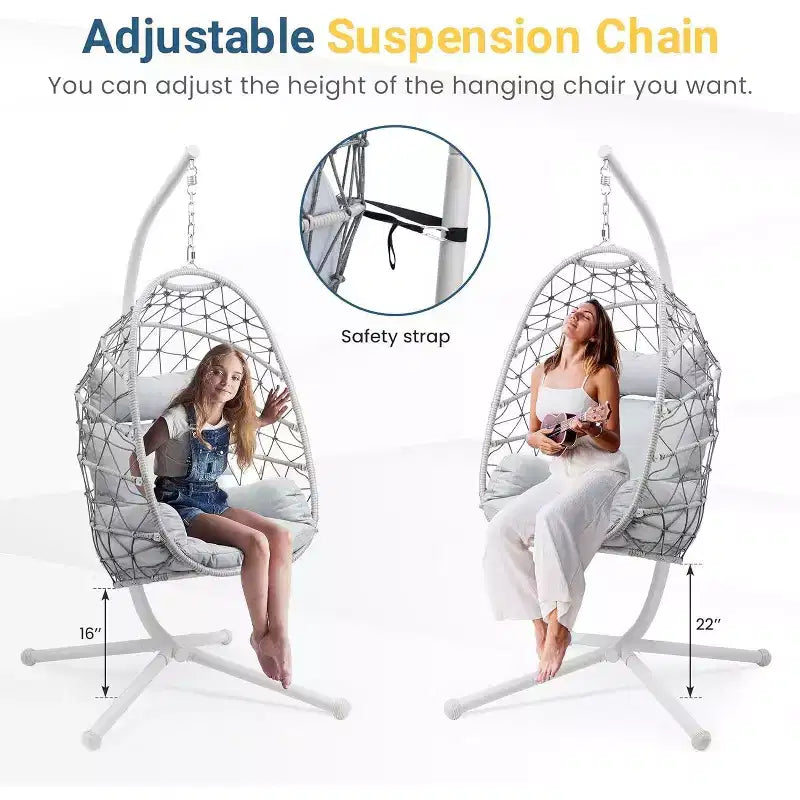 Heynemo Chaise suspendue en forme d'œuf pour l'extérieur avec support, fauteuil hamac d'intérieur, chaise suspendue en osier de style bohème pour terrasse avec support, capacité de 158 kg