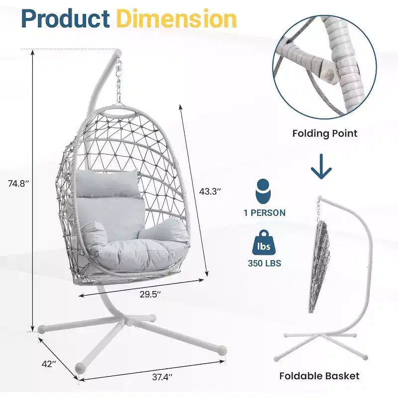 Heynemo Chaise suspendue en forme d'œuf pour l'extérieur avec support, fauteuil hamac d'intérieur, chaise suspendue en osier de style bohème pour terrasse avec support, capacité de 158 kg
