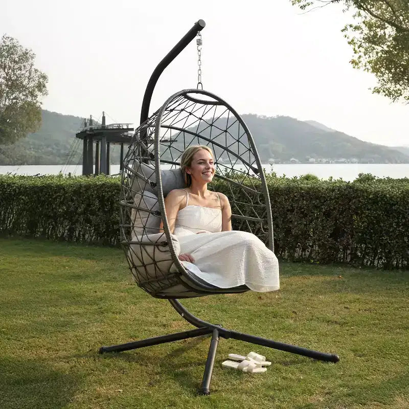 Heynemo Chaise suspendue en forme d'œuf pour l'extérieur avec support, fauteuil hamac d'intérieur, chaise suspendue en osier de style bohème pour terrasse avec support, capacité de 158 kg