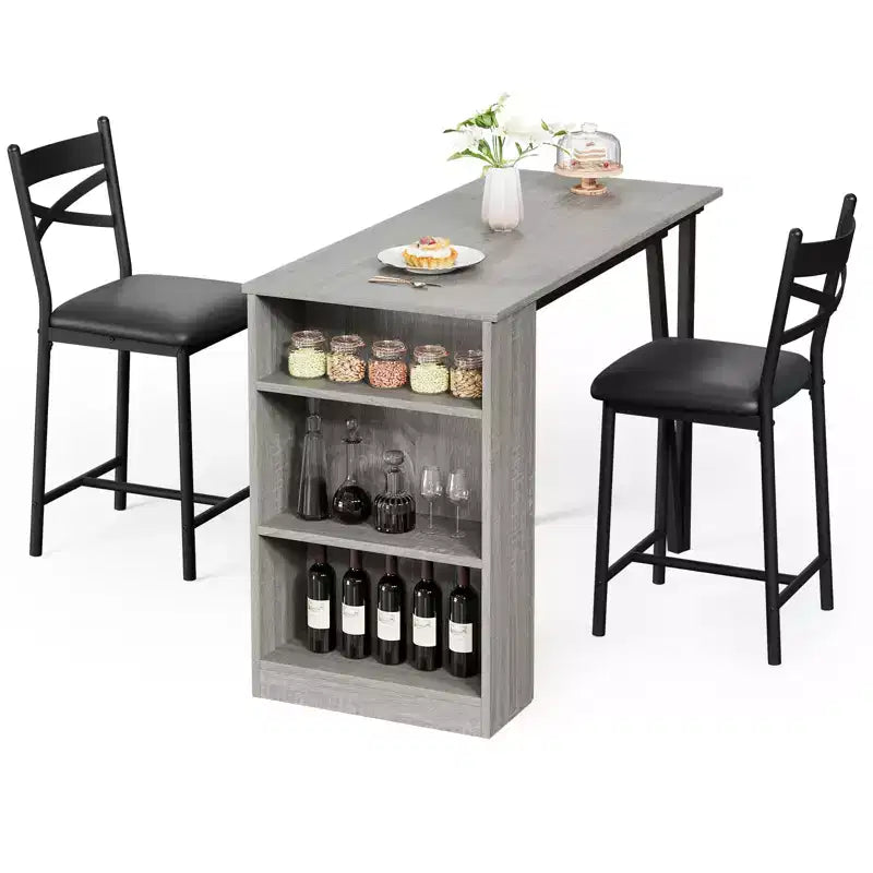 Ensemble table à manger et 2 chaises, table de cuisine hauteur comptoir avec étagères de rangement, ensemble table de bar avec 2 chaises rembourrées, ensemble table de salle à manger