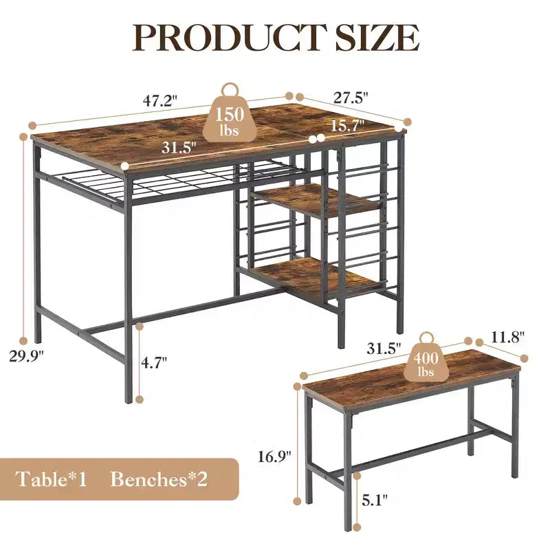 Ensemble table de salle à manger TRINITY pour 4 personnes, ensemble table de cuisine pour 4 personnes avec 2 bancs, ensemble table de salle à manger rectangulaire avec porte-bouteilles et étagères de rangement
