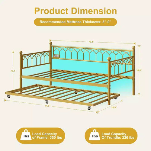 Cadre de lit de repos Acekool double avec lit gigogne, lit-canapé plateforme en métal avec station de recharge, lit d'appoint peu encombrant pour chambre, salon