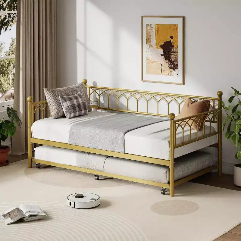 Cadre de lit de repos Acekool double avec lit gigogne, lit-canapé plateforme en métal avec station de recharge, lit d'appoint peu encombrant pour chambre, salon