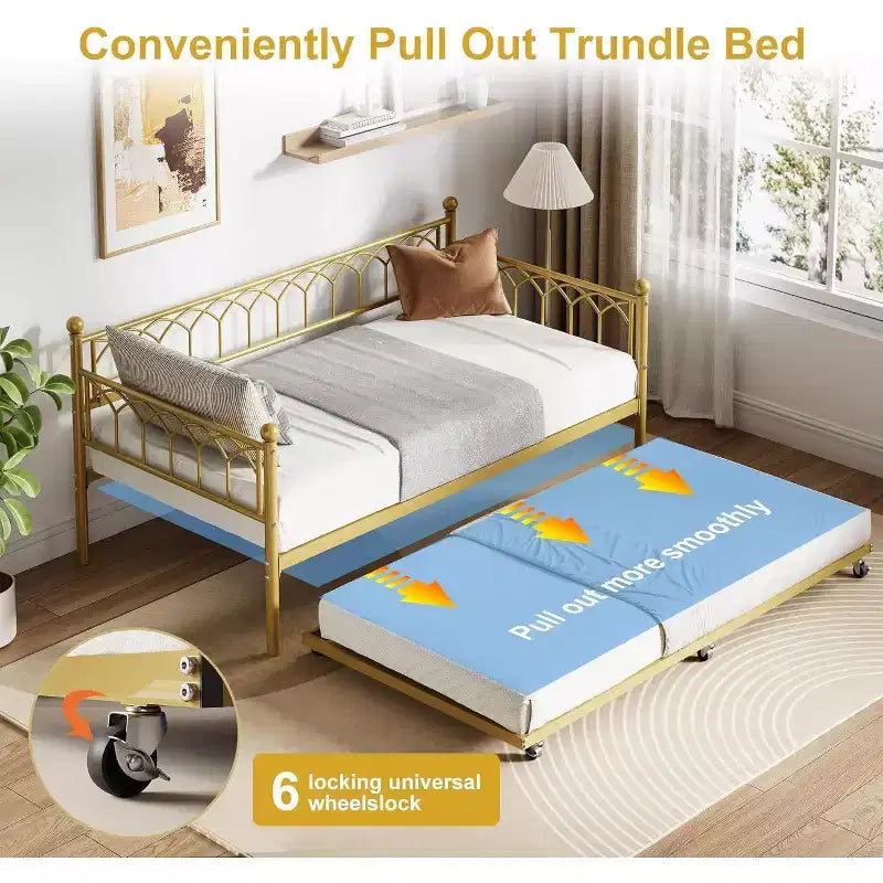 Cadre de lit de repos Acekool double avec lit gigogne, lit-canapé plateforme en métal avec station de recharge, lit d'appoint peu encombrant pour chambre, salon