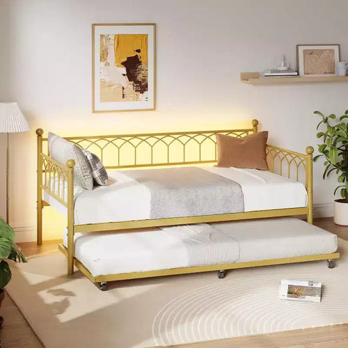 Acekool Twin Size Daybed Frame with Trundle, Metal Platform Sofa Bed with Charging Station, Space-Saving Guest Bed for Bedroom, Living Room