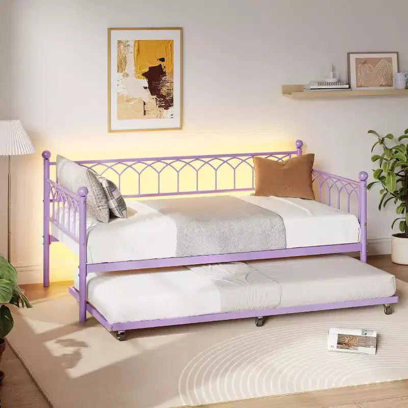 Cadre de lit de repos Acekool double avec lit gigogne, lit-canapé plateforme en métal avec station de recharge, lit d'appoint peu encombrant pour chambre, salon