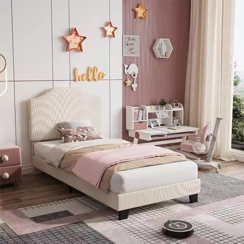 Acekool - Cadre de lit jumeau pour enfants avec tête de lit en velours côtelé, plateforme rembourrée en velours, support à lattes, pas besoin de sommier, montage facile