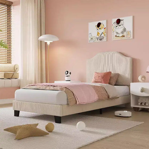 Acekool Kids Twin Bed Frame with Corduroy Headboard, Velvet Upholstered Platform, Slat Support, No Box Spring Needed, Easy Assembly