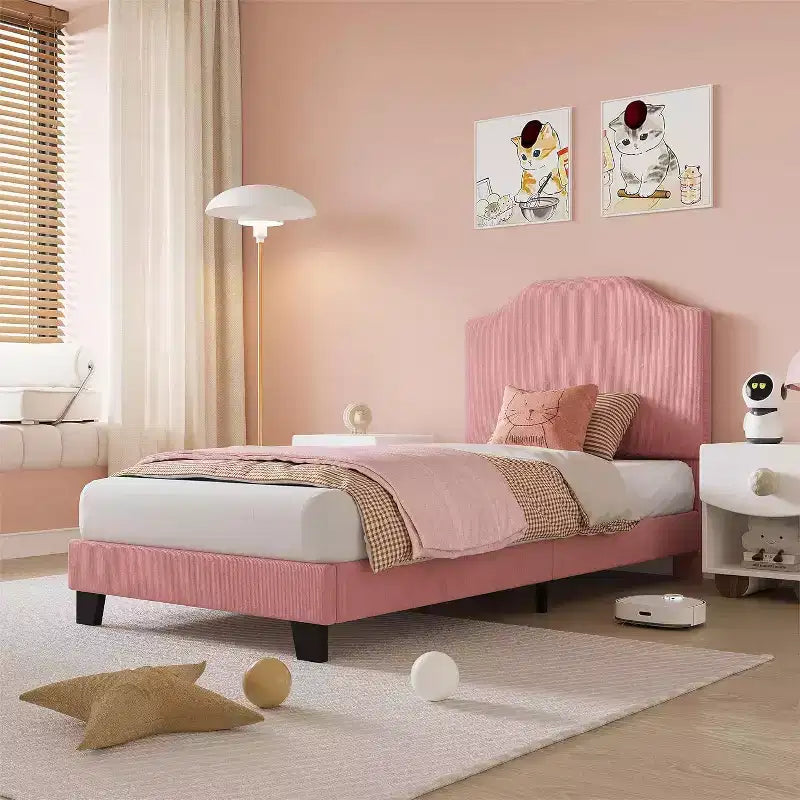 Acekool - Cadre de lit jumeau pour enfants avec tête de lit en velours côtelé, plateforme rembourrée en velours, support à lattes, pas besoin de sommier, montage facile