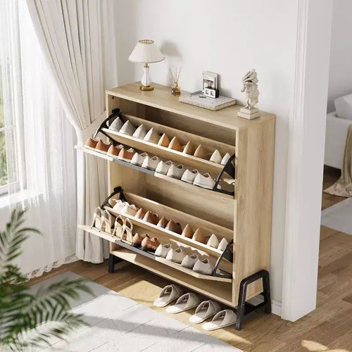 Acekool Oak Shoe Cabinet - 2 Flip-Drawer Storage Organizer with Metal Legs for Entryway & Hallway